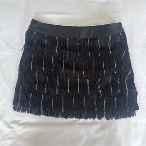 Express Black Fringe Mini Skirt Silver Chain Layered Tassel Party Rave Women’s 0
